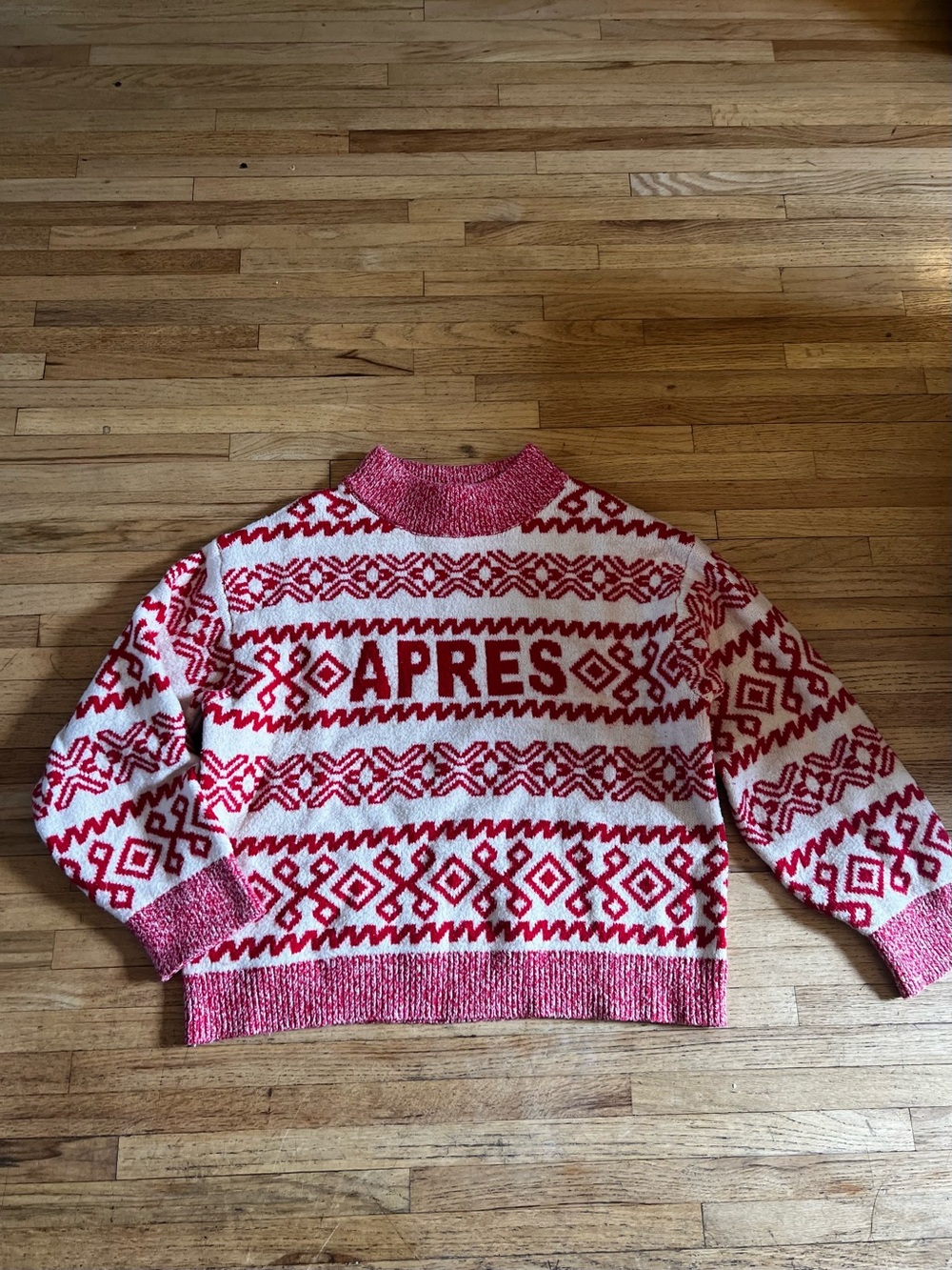 Red and White Apres Patterned Turtleneck Sweater